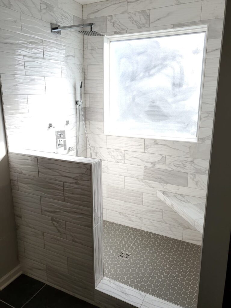 modern tile shower with window